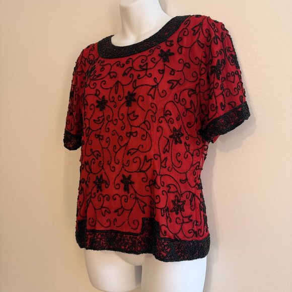 Vintage Stenay Red Silk Beaded Top | L | Holiday Party & Cocktail Blouse - Picture 3 of 13